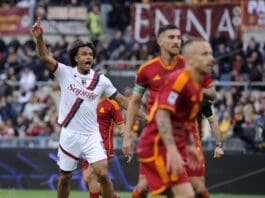 serie a tim 2023 2024: roma vs bolognal’esultanza di joshua zi